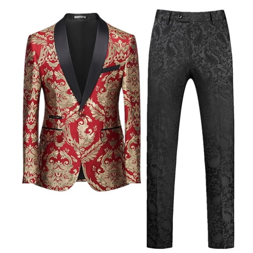 New Men Jacquard Suit 2 Piece Black / Blue / Red Fashion Men's Luxury Business Wedding Prom Party Dress Blazer Jacket and Pants (552,Asian L (EU XS))