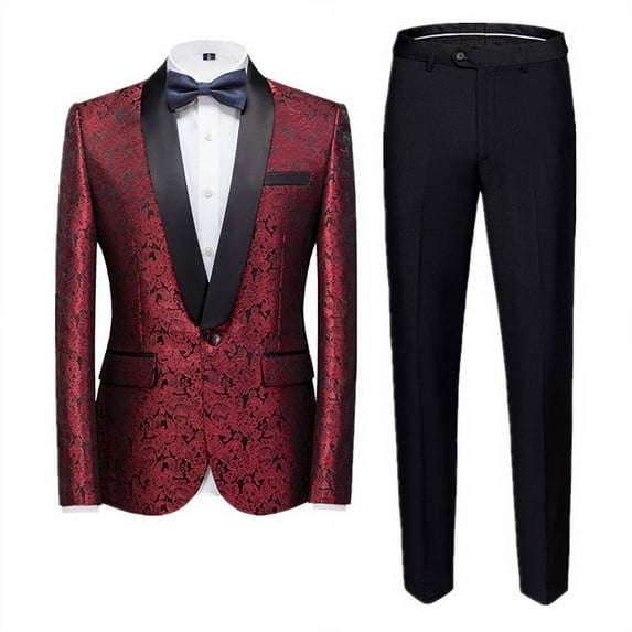 New Men Jacquard Suit 2 Piece Black / Blue / Red Fashion Men's Luxury Business Wedding Prom Party Dress Blazer Jacket and Pants (Red,Asian XL (EU S))