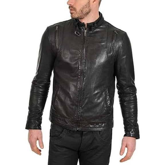 New Men Motorcycle Black Lambskin Leather Jacket Coat A436