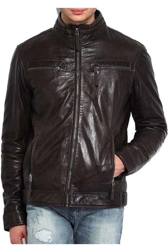 New Men Motorcycle Lambskin Leather Black Jacket Coat Size XS S M L XL A288