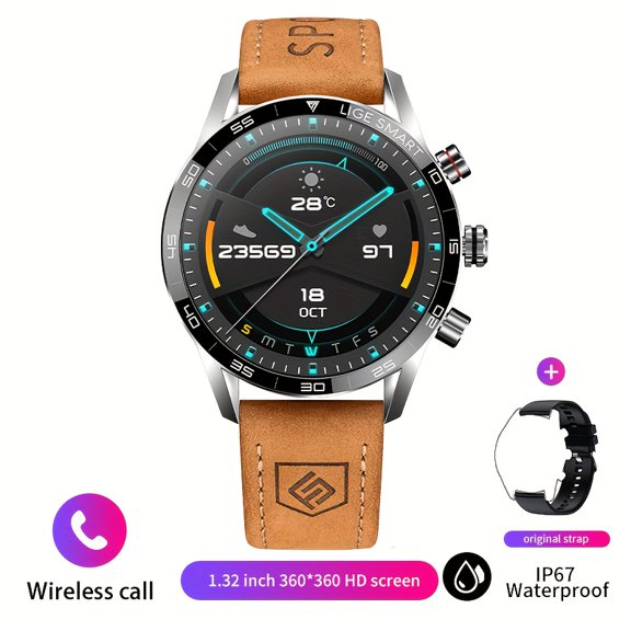 New Men'S Smart Watch Multi Functional Sports Watch Wireless Call Remote Control Photography Intelligent Reminder Level Men'S Watch with Elegant Pu Leather Straps Smartwatch Gift