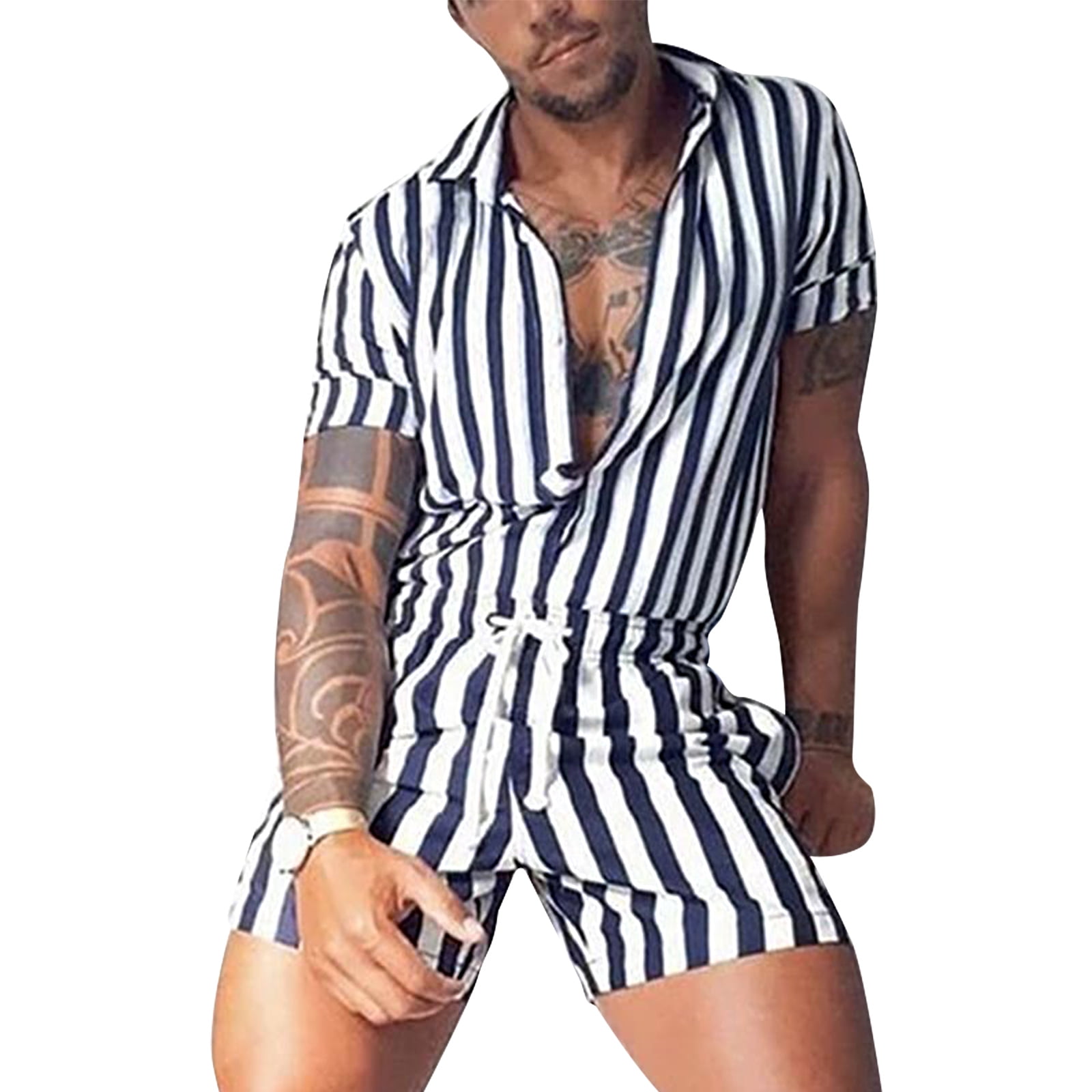 New Men Two piece Stripe Clothes Suit Plus Size S 3XL Men Fashion Printed Rompers Short Sleeve Home Style Overalls Casual Turn down Collar Shirt and
