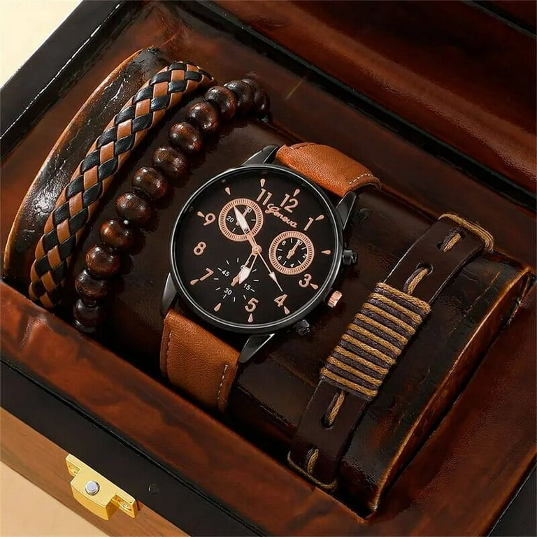 New Men Watch Luxury Bracelet Set Fashion Business Brown Leather Quartz Wrist Watches for Men Gift Set Relogio Masculino Brown