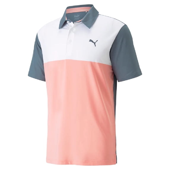 New Men's 2023 Puma Cloudspun ColorBlock Golf Polo Evening Sky/Flamingo Pink Small