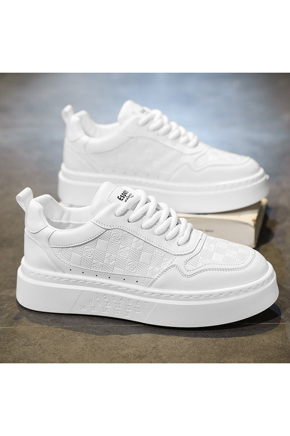 New/Men's Classic White Casual Sneakers with Asymmetrical Grid Texture on Synthetic Upper Lightweight Lace-Up Design All Season Versatile Everyday Footwear