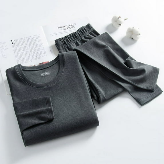 New Men's Colorful Velvet Thermal Underwear Slim Round Neck Long Sleeve Pants Thermal Underwear Set Gray L