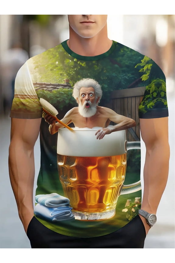 New Men's Creative Funny Old for Man Pattern Printed Short-sleeve Shirt - Innovative Design, Round Neck, Soft Polyester Fabric, Perfect for Summer Street and Outdoor Activities Pilsner Wheat Beer