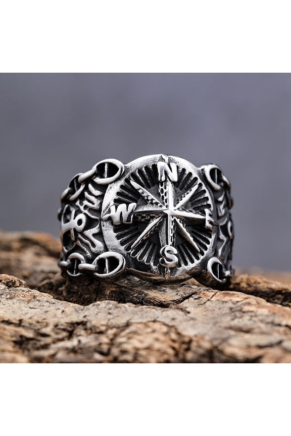 New Men's Fashion 14K White Gold Viking Rings for Vintage Northern Europe Style Pirate Compass Rings Male Jewelry