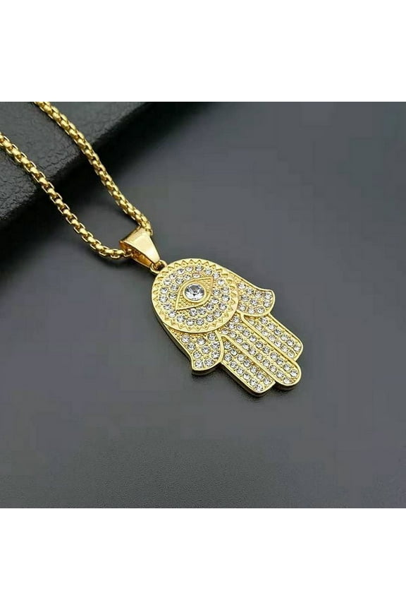 New Men's Fashion Full Rhinestones Hand of Fatima Pendant 14K Yellow Gold Necklace Religious Personality Jewelry UA028