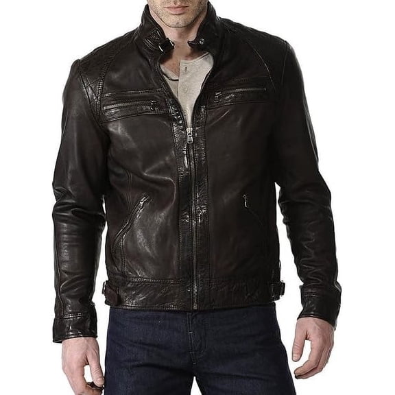 Men Slim Fit Biker Motorcycle Lambskin Leather Brown Jacket Coat Outwear Jackets A558