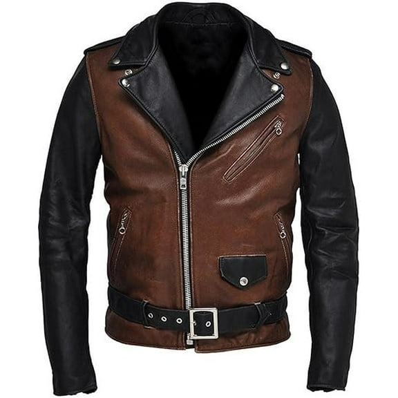 New Men's Genuine Lambskin Brown and Black Leather Slim Fit Biker Motorcycle Jacket For Men A634