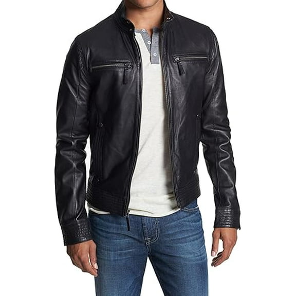 New Men's Genuine Lambskin Leather Black Slim Fit Biker Motorcycle Jacket For Men A700
