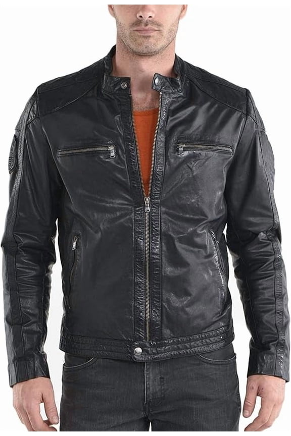 New Men's Genuine Lambskin Leather Black Slim Fit Biker Motorcycle Jacket For Men A927