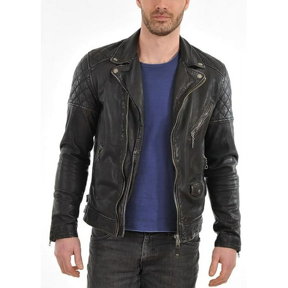 New Men's Genuine Lambskin Leather Jacket Black Belted Motorcycle Biker Jacket A043
