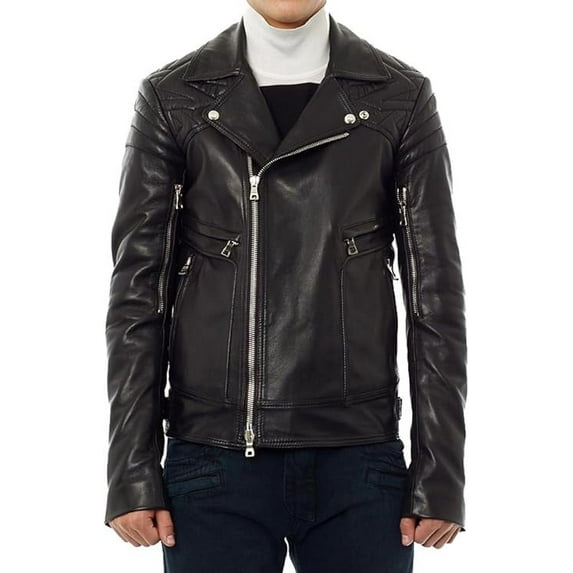 New Men's Genuine Lambskin Leather Jacket Black Belted Motorcycle Biker Jacket A048