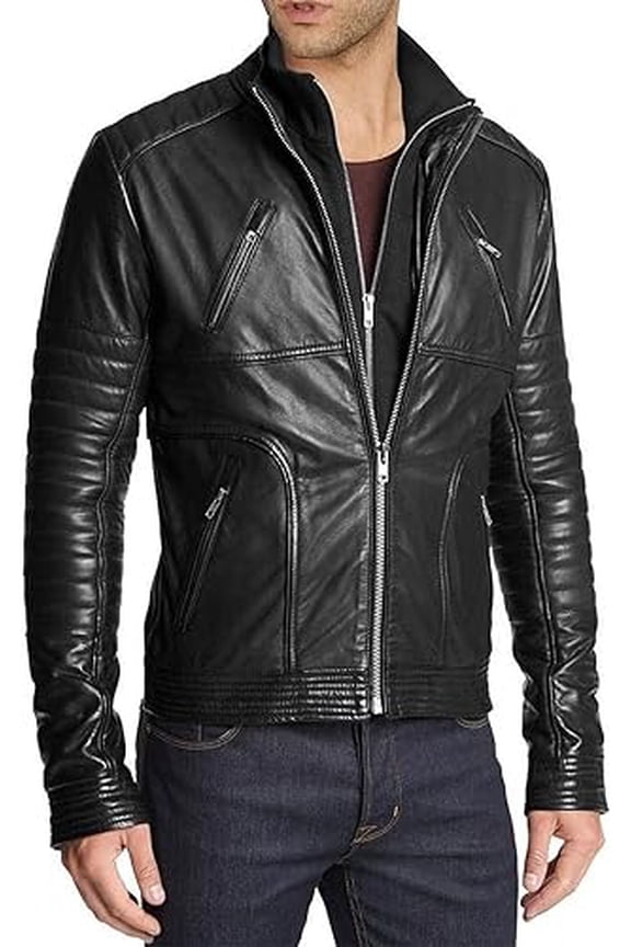 New Men's Genuine Lambskin Leather Jacket Black Belted Motorcycle Biker Jacket A049
