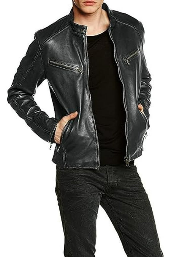 New Men's Genuine Lambskin Leather Jacket Black Motorcycle Biker Jacket A456
