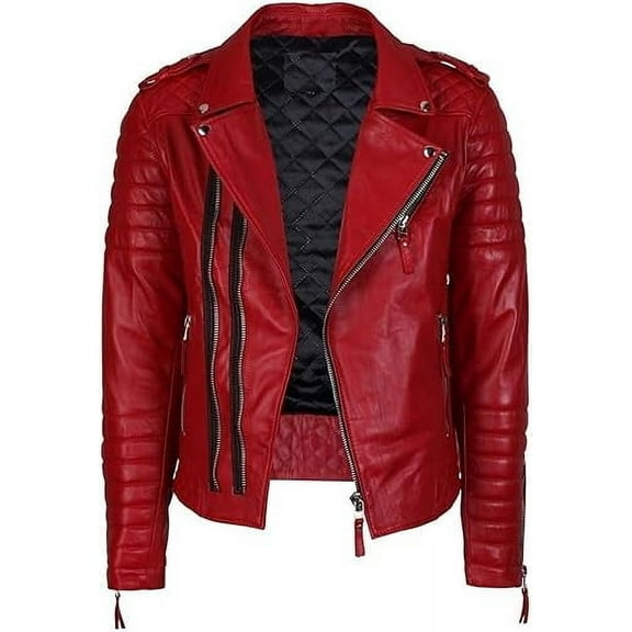 New Men's Genuine Lambskin Leather Red Slim Fit Quilted Biker Motorcycle Jacket For Men A470