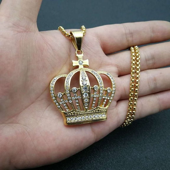 New Men's Hip Hop Golden Silver 14K White Gold Iced Out Crystal King Crown Pendant Necklace Fashion Jewelry Gift