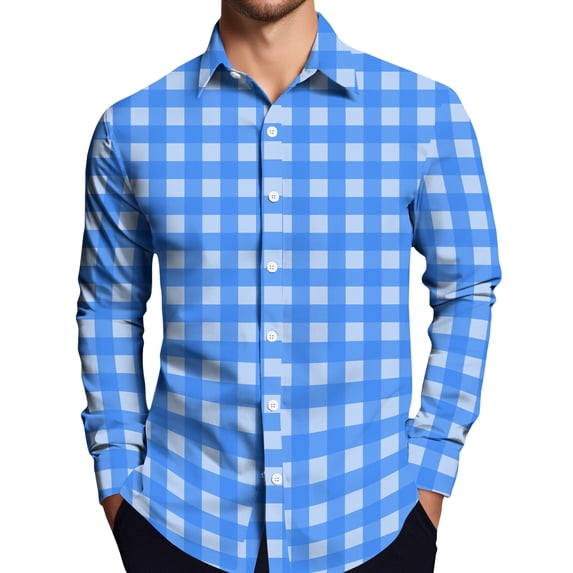 New Men's Long-Sleeved Plaid Shirt Spring Lapel Button Fashion Casual Comfortable Personality Breathable Handsome Male Loose Elastic Outwear Sky Blue 2XL