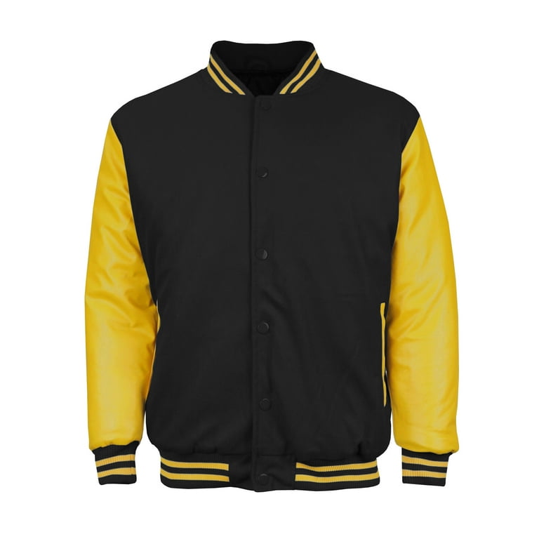 New Men s Premium Classic Snap Button Vintage Baseball Letterman Varsity Jacket Black Yellow 4XL Walmart