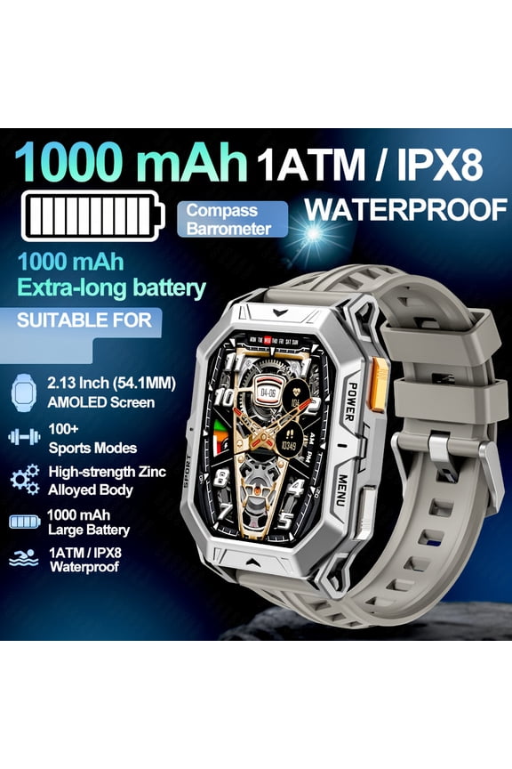 New Men's Sports Smart Watch, 2.13" AMOLED HD Screen, 1ATM Waterproof, Call Function, 1000mAh Battery, Compass, Health/Fitness Tracker