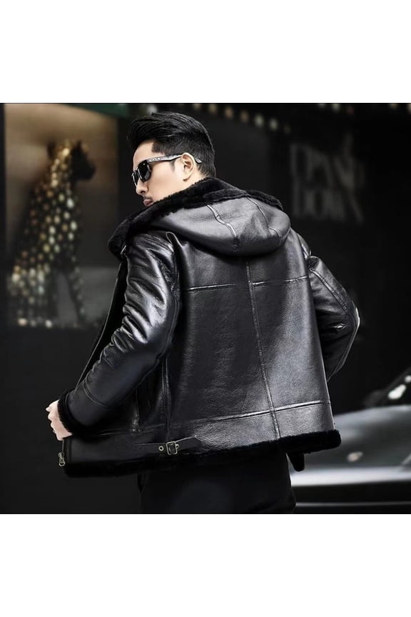 New Men's Winter Coat Real Natural Sheepskin Shearling Leather Jacket for Male Thick Wool Liner Hooded Black Plus Size 58 60 62 64,46,Black