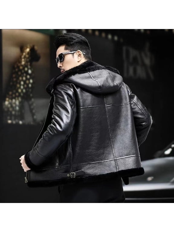New Men's Winter Coat Real Natural Sheepskin Shearling Leather Jacket for Male Thick Wool Liner Hooded Black Plus Size 58 60 62 64,56,Black