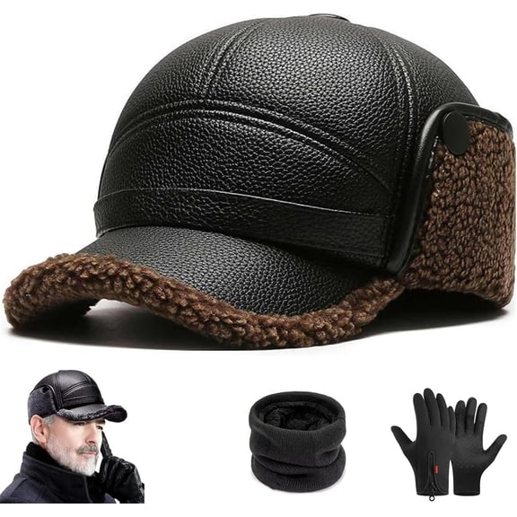 New Men's Winter Hat with Sheepskin Flat Top Earmuffs, Winter Leather Dad Caps with Adjustable Earflaps (Brown)