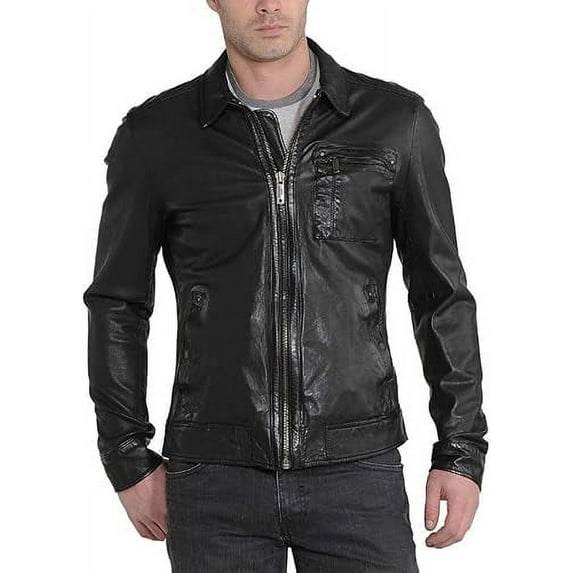New Mens Black Leather Jacket Slim Fit Biker Motorcycle Genuine Leather Coat A396
