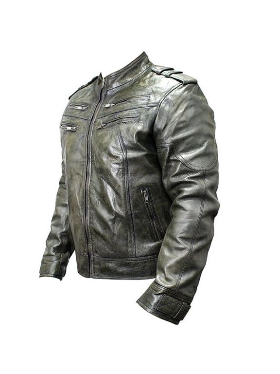New Mens Genuine Sheep Skin Leather Fashion Jacket, 4 Zipped Chest Pocket, Green - Small