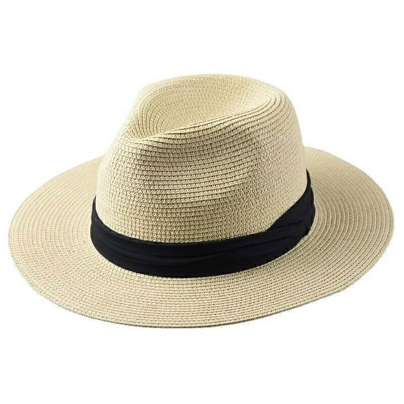 New Mens Ladies Panama Style Sun Hat Crushable Wide Brim Fedora Straw Summer-Beige-XL-61-64cm