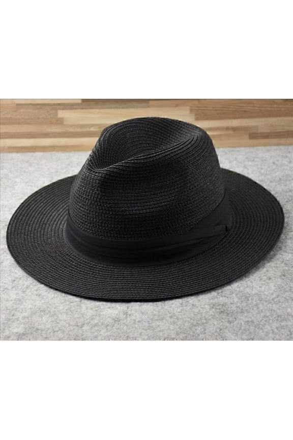 New Mens Ladies Panama Style Sun Hat Crushable Wide Brim Fedora Straw Summer Black-M-55-57cm