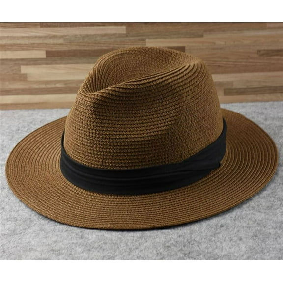 New Mens Ladies Panama Style Sun Hat Crushable Wide Brim Fedora Straw Summer Coffee-M-55-57cm