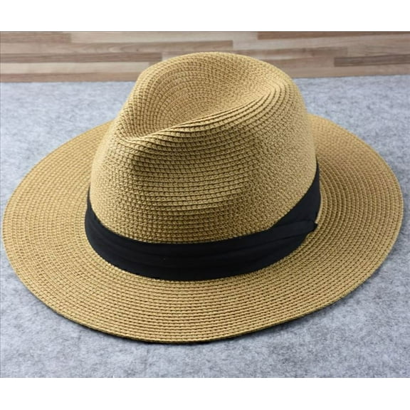 New Mens Ladies Panama Style Sun Hat Crushable Wide Brim Fedora Straw Summer-Khaki-XL-61-64cm