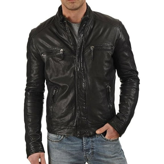 New Mens Leather Black Jacket Slim fit Biker Motorcycle Genuine lambskin jacket A553