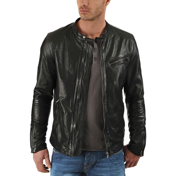 New Mens Leather Jacket Slim Fit Biker Motorcycle Genuine Leather Coat A096