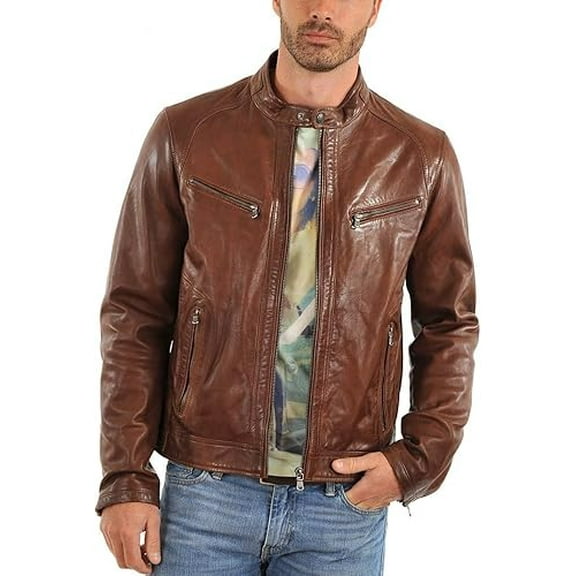 New Mens Leather Jacket Slim fit Biker Motorcycle Genuine lambskin jacket A380
