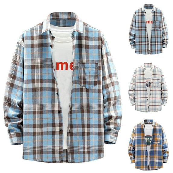 New Mens Plaid Shirts Loose Youth Long Sleeve Shirt Coats Plus Size