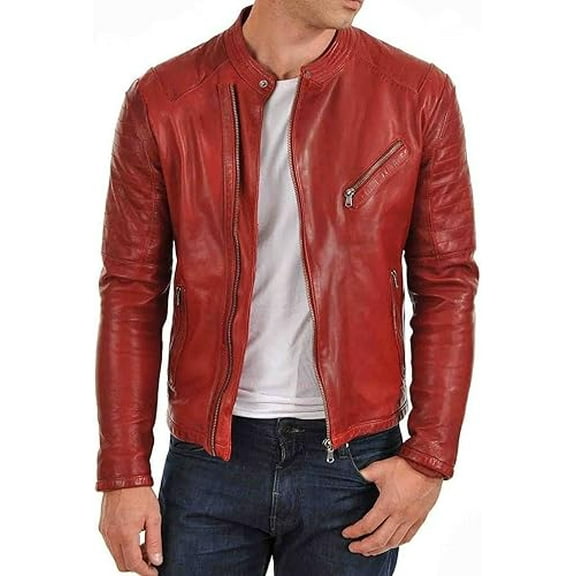 New Mens Red Leather Jacket Slim fit Biker Motorcycle Genuine lambskin jacket A486