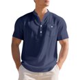thumbnail image 1 of New Mens Short Sleeve T Shirts Solid Color Stand Up Collar Shirt Summer Trendy Breathable Loose Youth Basic Cotton Top Male Cotton And Linen Casual Shirts Navy M, 1 of 6