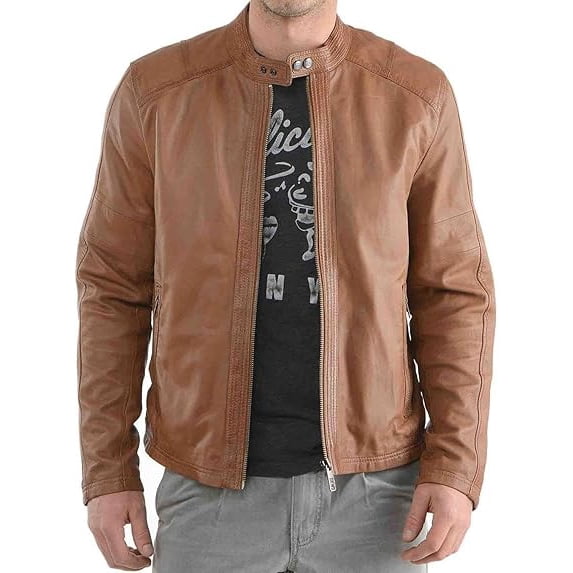 New Mens Tan Leather Jacket Slim Fit Biker Motorcycle Genuine Leather Coat A532