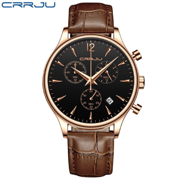 New Mens Watches CRRJU Top Brand Leather Chronograph Waterproof Sport Automatic Date Quartz Watch For Men Relogio Masculino