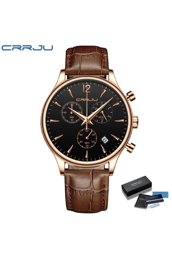New Mens Watches CRRJU Top Brand Leather Chronograph Waterproof Sport Automatic Date Quartz Watch For Men Relogio Masculino