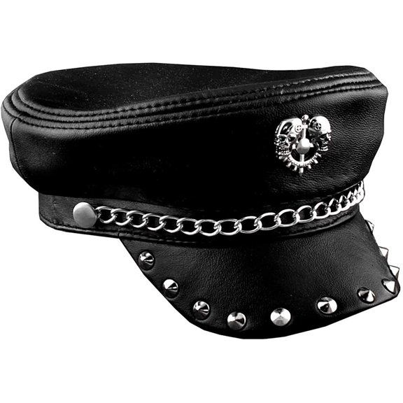 New! Metal Rivet Studded Skull Mens Genuine Leather Biker Punk Rocker Cap Hat