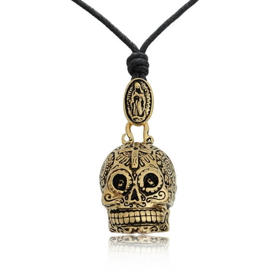 New Mexican Skull Cross Jesus Mary Brass Charm Necklace Pendant Jewelry With Cotton Cord