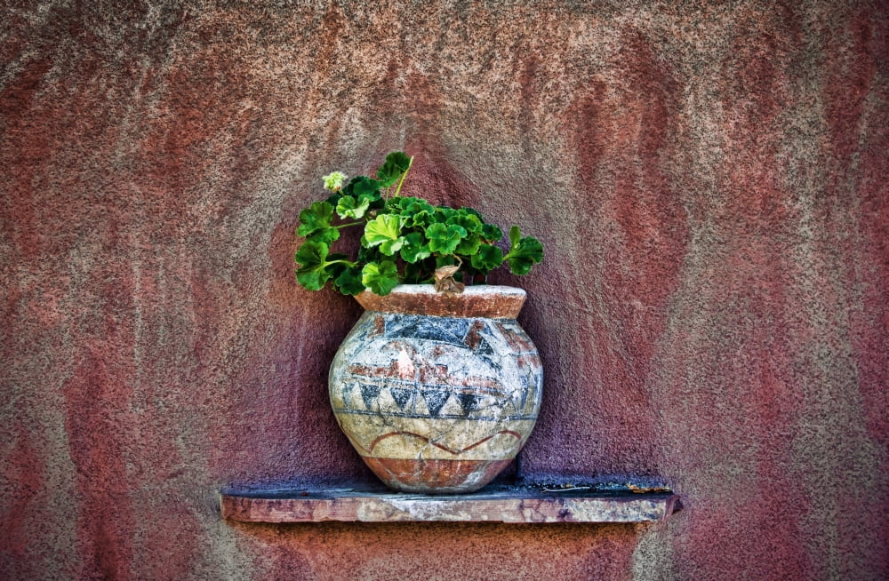 New Mexican Wall Sconces New Mexico Rustic Detail Of Potted Plant Against Adobe Wall Canvas Art - Ray Laskowitz Design Pics (34 x 22)