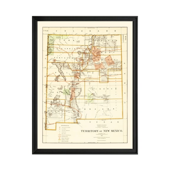 New Mexico Art, 1876 Vintage Map of New Mexico History Wall Decor Gift, Old New Mexico Map - 18" x 24" Black Framed Print