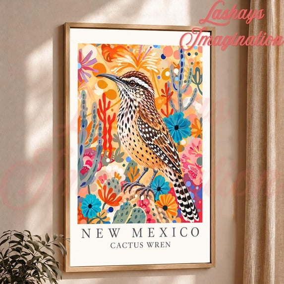 New Mexico Cactus Wren Wall Art Print, Desert Bird Botanical ...