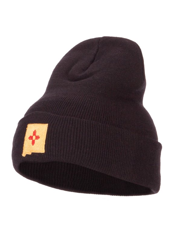 New Mexico Flag Map Embroidered Long Beanie - Black OSFM